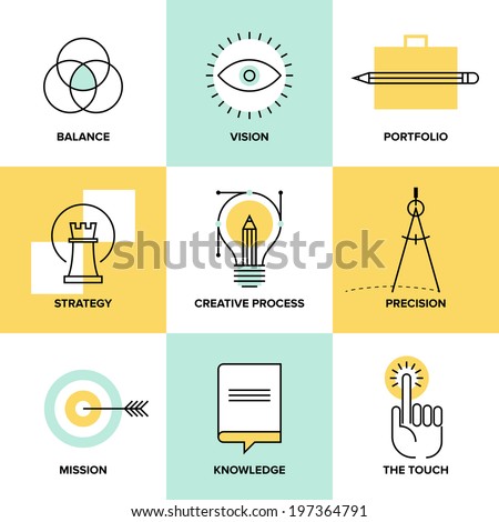 Creative design process concept with web studio development elements,?? business vision, marketing strategy, smart solution and success ideas. Flat line icons modern style vector illustration set. Royalty-Free Stock Photo #197364791