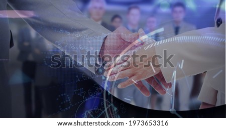Composition of financial data processing over businessman handshake. global finance and business success concept digitally generated image.