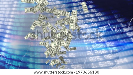 Composition of american dollar bills falling over financial data processing on blue background. global business, finances and data processing concept digitally generated image.
