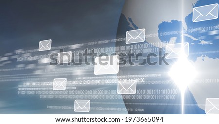 Composition of envelope icons with binary coding over globe. global data processing, technology and digital interface concept digitally generated image.