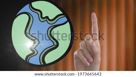 Composition of finger pointing up over illustration of planet earth. global environment, sustainability and eco awareness concept digitally generated image.
