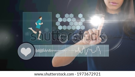 Composition of digital fitness icons over mixed race woman. global business, finance and networking concept digitally generated image.