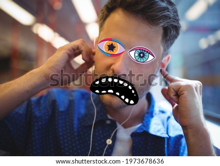 Composition of man with multi colored psychedelic eyes and black mouth. entertainment, colour and vision concept digitally generated image.