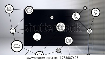 Composition of network of connections with icons over computer monitor. global business, networking and digital interface concept digitally generated image.