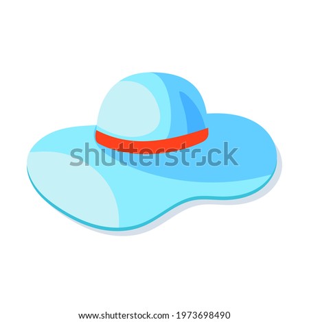 Vector illustration of a summer hat with wide brim, blue with a blue ribbon, isolated on a white background.