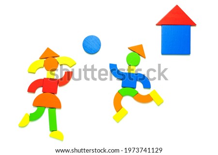 Abstract image of playing children made  from colored elements of wooden blocks or construction set. Kids early development and creativity concept.  Children's Day.