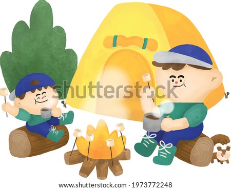 Father and son go camping with the tent in the wood and grill marshmallow happily. Good for father's day or happy birthday.