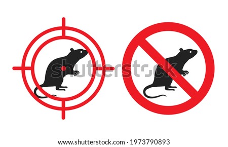 No rats. Vector emblem of deratization - the destruction of rodents, mice, voles and others. Sign for poisonous chemicals, rat and mouse traps. Crossed out rodent silhouette and crosshair mark.  Royalty-Free Stock Photo #1973790893