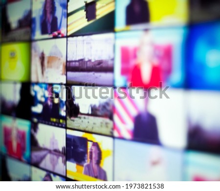 Split tv screen broadcasting different news. Newscast. Multiscreen. 