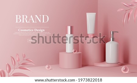 Cosmetics set ads with ball glass on pink cylinder podium stage and leaves in 3d illustration