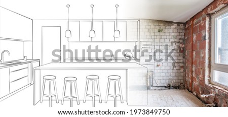 renovation concept drawing of a kitchen plan merge with interior photo