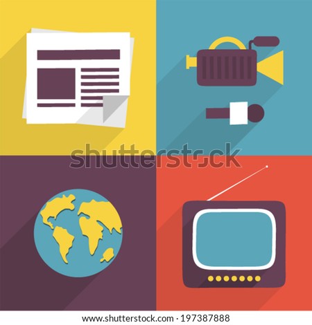 Vector illustration icon set of news: newspaper, camera and microphone, world, television