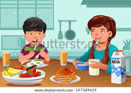 A vector illustration of happy kids eating healthy breakfast at home