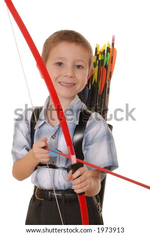Young boy with bow and arrow practicing archery Royalty-Free Stock Photo #1973913