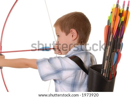 Young boy with bow and arrow practicing archery Royalty-Free Stock Photo #1973920