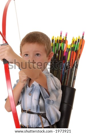 Young boy with bow and arrow practicing archery Royalty-Free Stock Photo #1973921