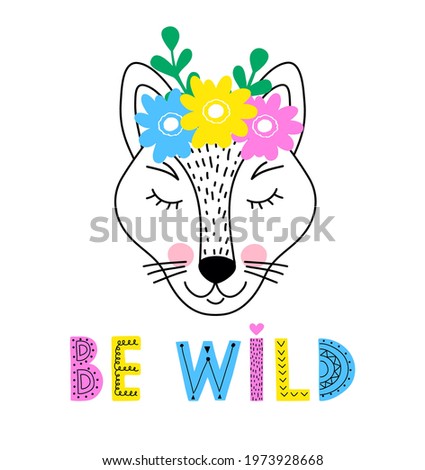 Cute  wolf with floral wreath on white background.
