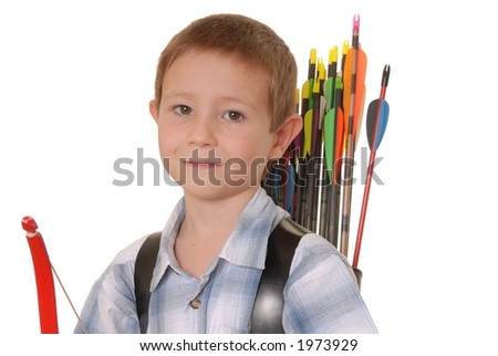 Young boy with bow and arrow practicing archery Royalty-Free Stock Photo #1973929