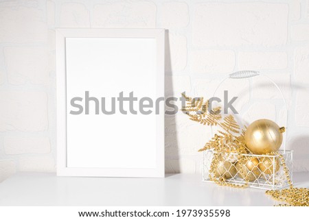 White frame mockup with Christmas gold glitter baubles, gold fern, add quote, headline, or design, great for lifestyle bloggers and social media campaigns