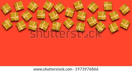 Gold boxes with gifts on a red background top view, mockup for banner or flyer, concept of gifts for buyers, top view, flat lay, copy space, place for text.