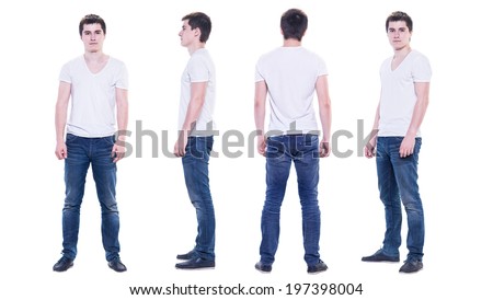 Collage photo of a young man in white t-shirt isolated, front, back, side view. Royalty-Free Stock Photo #197398004
