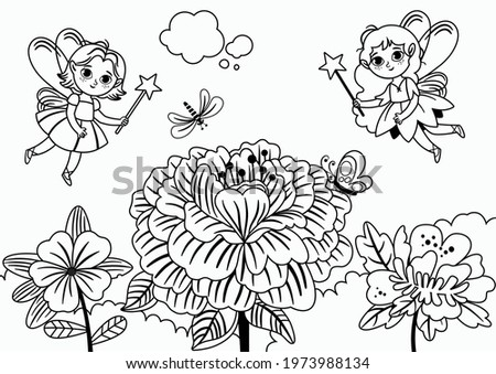 Black and white two fairies flying near flowers. Vector illustration.