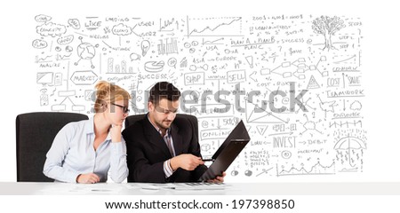 Young businessman and businesswoman planning and calculating with various business ideas