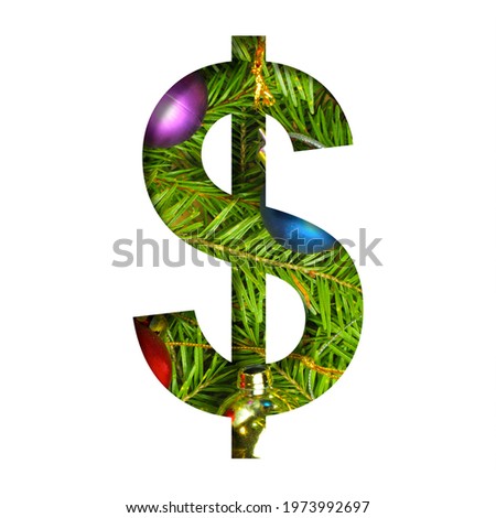 Font on Christmas tree. Dollar money business symbol cut out of paper on a background fresh Christmas tree with colored balls. Set of decorative holidays fonts.