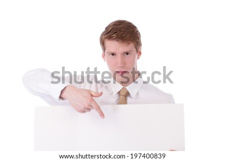 Young man with blank billboard isolated on white