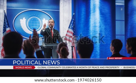 Inspiring Organization Representative Speaking at a Press Conference in Government Building. Press Officer Delivering a Speech at a Summit. Backdrop with American Flags. World Political News.