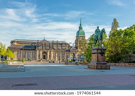 Panoramic view over Friedensplatz square to Hessian State Museum in German university city Darmstadt during daytime Royalty-Free Stock Photo #1974061544