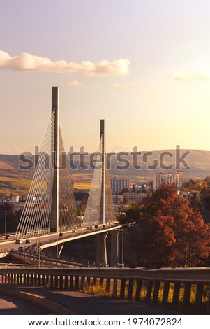 sunset picture of the Salah Bey Viaduct across the Rhummel Canyon in Constantine 07-05-2021- Algeria, North Africa, cable-stayed bridge in sunset ,