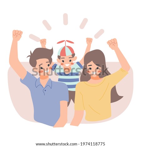 Illustration happy family father mother and son Raise arms cute, cartoon, flat, lifestyle, vector,

