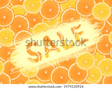 Seamless pattern with orange slices, lemon slices. Top view, food concept, fruit background, text SALE