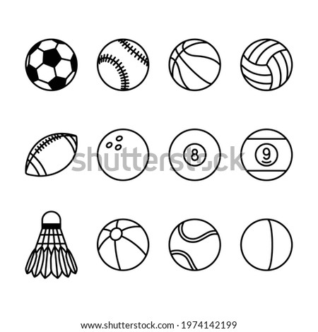 vector balls line icon, badminton, football, tennis balls.
