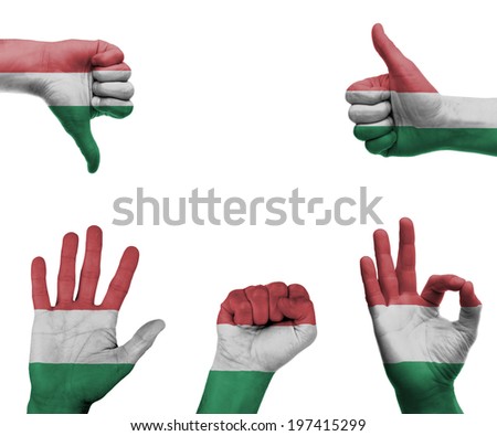 A set of hands with different gestures wrapped in the flag of Hungary
