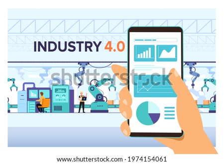 "
Industry 4.0 monitoring app on smartphone and smart automated production line workflow with workers and robots machine on background, Artificial intelligence. Vector illustration"