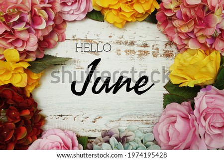 Hello June text and Flowers Colorful Border Frame on wooden background