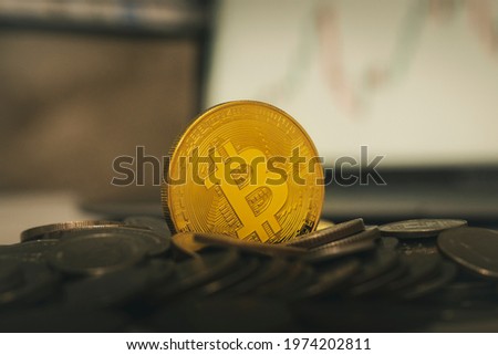 Bitcoins and virtual money concept. Gold bitcoins on a stack of coins with chart of growing and falling valuance of a cryptocurrency. Mining or blockchain technology.