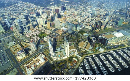 Aerial view of Downtown San Diego, Southern California, United States of America. A view of the skyline, waterfront skyscrapers, the Marina, tall towers and buildings in the city center.