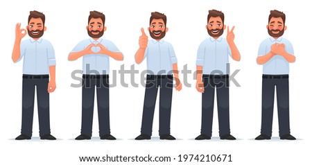 Set of positive and approving gestures. Happy man shows a gesture of gratitude, okay, cool, heart and victory. Vector illustration in cartoon style Royalty-Free Stock Photo #1974210671