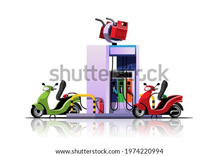 Powerful motorcycle with filling up fuel at oil station,  transport in cartoon style. flat design Isolated on white background. Vector illustration