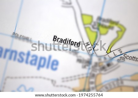 Bradiford village - Devon, United Kingdom colour atlas map town name