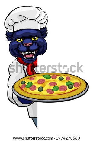 A panther chef mascot cartoon character holding a pizza peeking round