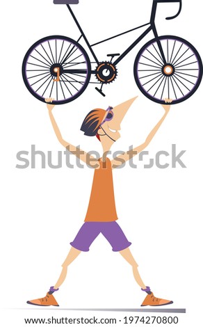 Cartoon cyclist man with a bike illustration.
Smiling cyclist man in helmet and sunglasses holds a bike overhead isolated on white
