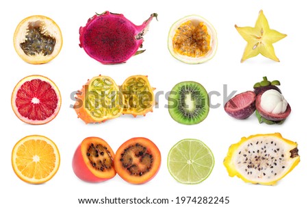 Set with different delicious cut exotic fruits on white background 