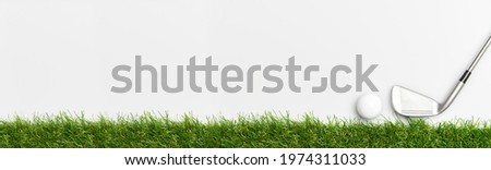 White golf ball and stick on green grass isolated on white. Horizontal sport poster, greeting cards, headers, website
