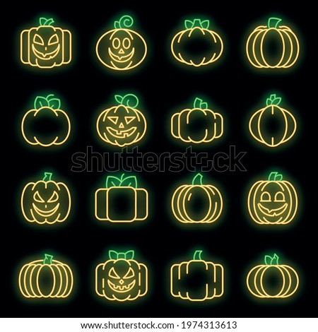 Pumpkin icons set. Outline set of pumpkin vector icons neon color on black