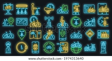 Rent a bike icons set. Outline set of rent a bike vector icons neon color on black