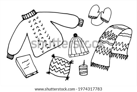 Autumn set of clothes and accessories, beautiful autumn in the style of doodle, simple drawings, drawings with your own hands, scarf, sweater, pony in vector format, minimalism and simple lines